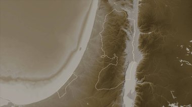 Filistin, sepia tonlarında göller ve nehirlerle renklendirilmiş bir yükseklik haritasında özetlenmiştir.