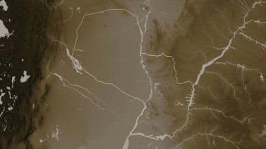 Paraguay, sepia tonlarında göller ve nehirlerle renklendirilmiş bir yükseklik haritasında özetlenmiştir.