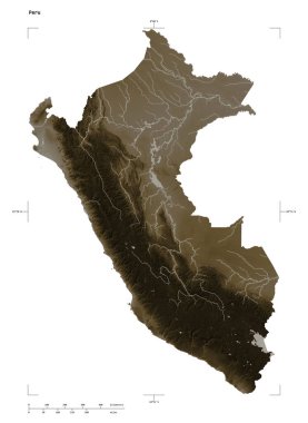 Peru 'nun gölleri ve nehirleri ile sepya tonlarında renklendirilmiş bir yükseklik haritası şekli, uzaklık ölçeği ve harita sınır koordinatları, beyaz üzerine izole edilmiş