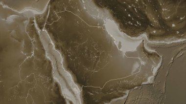 Suudi Arabistan, sepia tonlarında göller ve nehirlerle renklendirilmiş bir yükseklik haritasında özetlendi