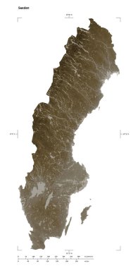İsveç 'in gölleri ve nehirleri ile sepya tonlarında renklendirilmiş, uzaklık ölçeği ve harita sınır koordinatları beyaz üzerinde izole edilmiş bir yükseklik haritası şekli