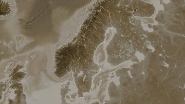 İsveç, sepia tonlarında göller ve nehirlerle renklendirilmiş bir yükseklik haritasında özetlenmiştir.