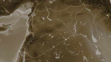 Suriye, sepia tonlarında göller ve nehirlerle renklendirilmiş bir yükseklik haritasında özetlenmiştir.
