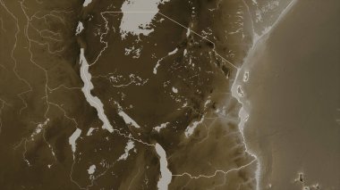 Tanzanya, sepia tonlarında göller ve nehirlerle renklendirilmiş bir yükseklik haritasında özetlenmiştir.