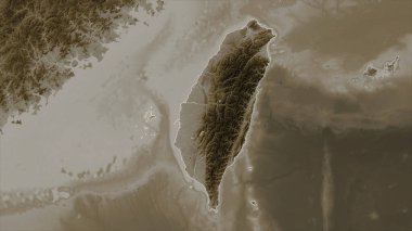 Tayvan, sepia tonlarında göller ve nehirlerle renklendirilmiş bir yükseklik haritasında özetlenmiştir.