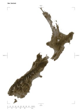Yeni Zelanda 'nın göl ve nehirleriyle sepya tonlarında renklendirilmiş bir yükseklik haritası şekli, uzaklık ölçeği ve harita sınır koordinatlarıyla, beyaz üzerine izole edilmiş