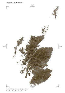 İskoçya 'nın göl ve nehirleri ile sepia tonlarında renklendirilmiş bir yükseklik haritasının şekli - Büyük Britanya, uzaklık ölçeği ve harita sınır koordinatlarıyla, beyaz üzerine izole edilmiş