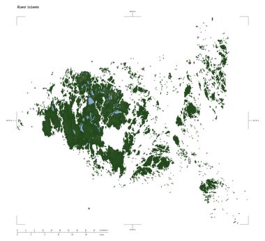 Aland Adaları 'nın göl ve nehirleriyle, uzaklık ölçeği ve harita sınır koordinatlarıyla beyaz üzerinde izole edilmiş soluk renkli bir yükseklik haritası.