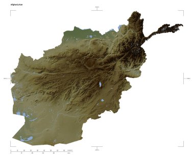 Afganistan 'ın göl ve nehirleri, uzaklık ölçeği ve harita sınır koordinatlarıyla beyaz üzerinde izole edilmiş soluk renkli bir yükseklik haritası.