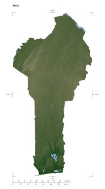 Benin 'in göl ve nehirleri, uzaklık ölçeği ve harita sınır koordinatlarıyla beyaz üzerinde izole edilmiş soluk renkli bir yükseklik haritası.