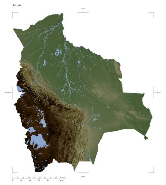 Bolivya 'nın göl ve nehirleriyle, uzaklık ölçeği ve harita sınır koordinatlarıyla beyaz üzerine izole edilmiş soluk renkli bir yükseklik haritası.