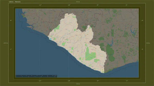 Liberia Destaca Mapa Topográfico Estilo Estándar Osm Con Punto Capital — Foto de Stock