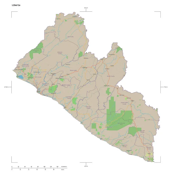 stock image Shape of a topographic, OSM standard style map of the Liberia, with distance scale and map border coordinates, isolated on white