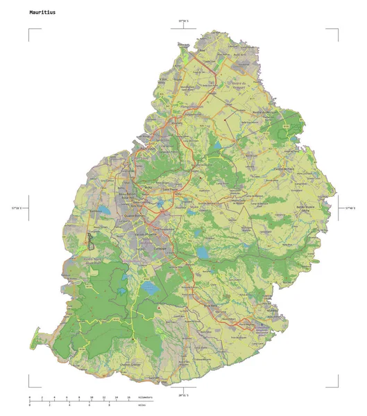 stock image Shape of a topographic, OSM standard style map of the Mauritius, with distance scale and map border coordinates, isolated on white