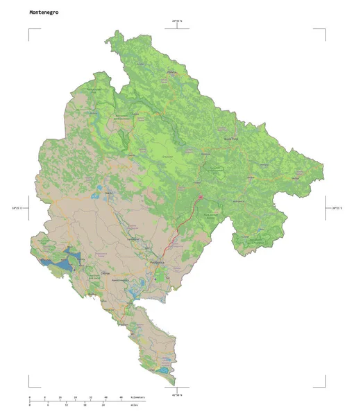 Forma Mapa Topográfico Estilo Estándar Osm Del Montenegro Con Coordenadas — Foto de Stock