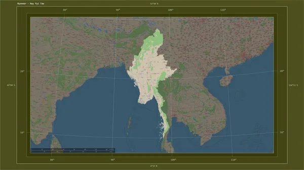 Myanmar Destaca Mapa Topográfico Estilo Estándar Osm Con Punto Capital — Foto de Stock