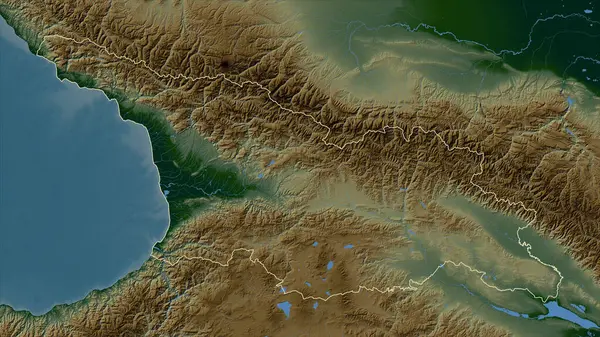 Georgia, gölleri ve nehirleri olan renkli bir yükseklik haritasında özetlenmiştir.