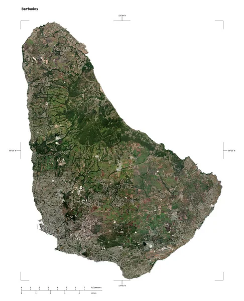 stock image Shape of a high resolution satellite map of the Barbados, with distance scale and map border coordinates, isolated on white