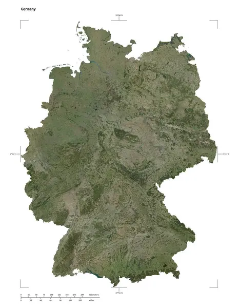 stock image Shape of a high resolution satellite map of the Germany, with distance scale and map border coordinates, isolated on white