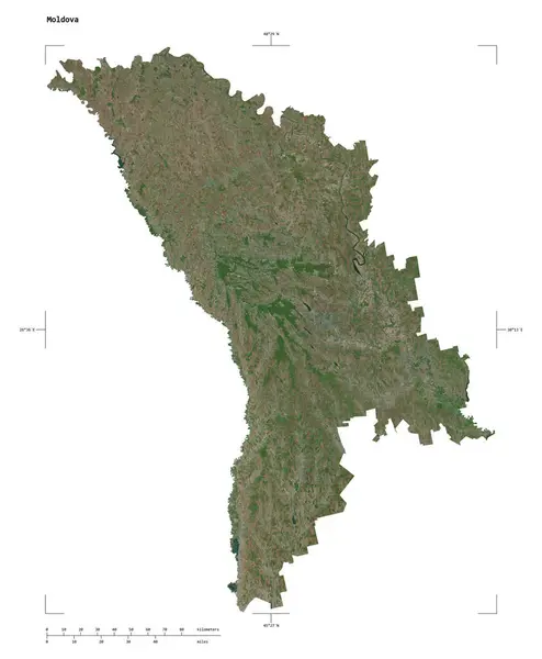 stock image Shape of a high resolution satellite map of the Moldova, with distance scale and map border coordinates, isolated on white