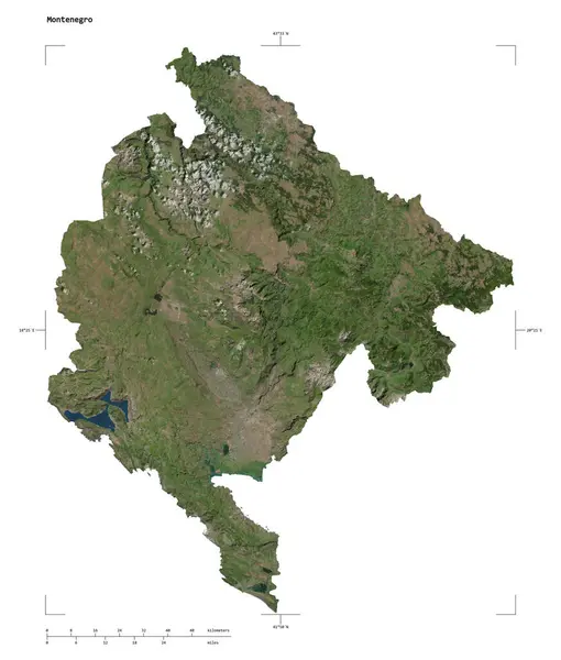 Forma Mapa Satelital Alta Resolución Montenegro Con Coordenadas Frontera Escala — Foto de Stock