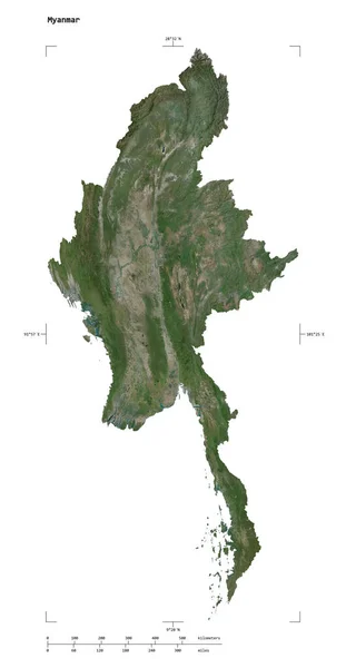 Forma Mapa Satelital Alta Resolución Myanmar Con Coordenadas Frontera Escala — Foto de Stock