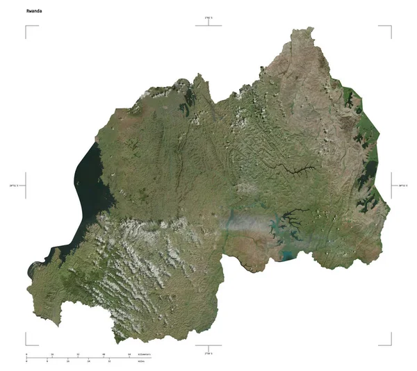 Ruanda 'nın yüksek çözünürlüklü uydu haritasının şekli, uzaklık ölçeği ve harita sınır koordinatları, beyaz üzerinde izole edilmiş.