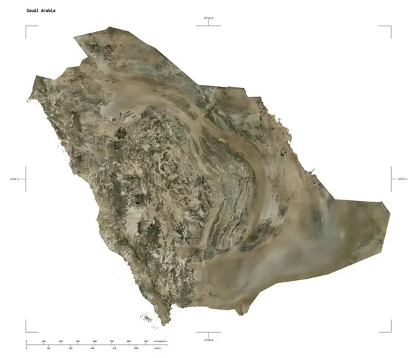 stock image Shape of a high resolution satellite map of the Saudi Arabia, with distance scale and map border coordinates, isolated on white