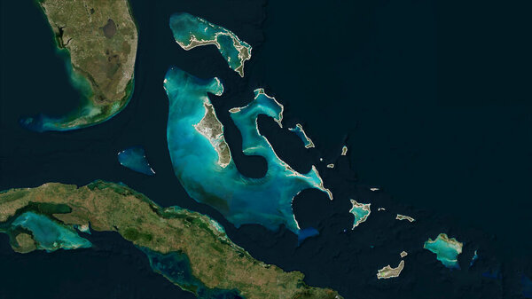 Bahamas outlined on a low resolution satellite map