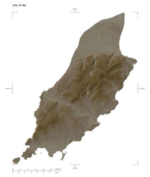 stock image Shape of a elevation map colored in sepia tones with lakes and rivers of the Isle of Man, with distance scale and map border coordinates, isolated on white