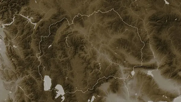 Kuzey Makedonya, sepia tonlarında göller ve nehirlerle renklendirilmiş bir yükseklik haritasında özetlendi