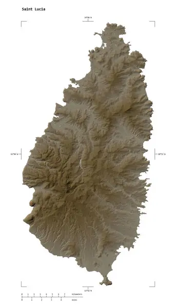 stock image Shape of a elevation map colored in sepia tones with lakes and rivers of the Saint Lucia, with distance scale and map border coordinates, isolated on white