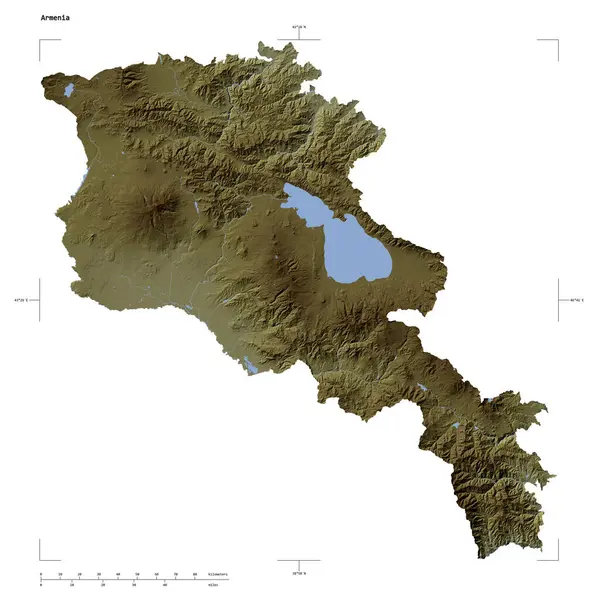 Soluk renkli yükseklik haritasının şekli Ermenistan 'ın göl ve nehirleriyle, uzaklık ölçeği ve harita sınır koordinatlarıyla, beyaz üzerinde izole edilmiş.
