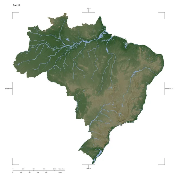 Brezilya 'nın göl ve nehirleriyle, uzaklık ölçeği ve harita sınır koordinatlarıyla beyaz üzerinde izole edilmiş soluk renkli bir yükseklik haritası.