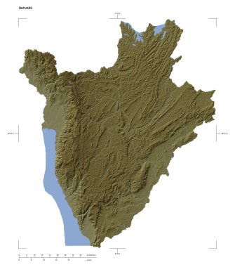 Burundi 'nin göl ve nehirlerinin bulunduğu açık renkli bir yükseklik haritası şekli, uzaklık ölçeği ve harita sınır koordinatları, beyaz üzerinde izole edilmiş.