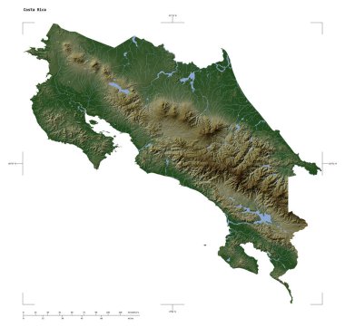 Kosta Rika 'nın göl ve nehirleriyle, uzaklık ölçeği ve harita sınır koordinatlarıyla beyaz üzerinde izole edilmiş soluk renkli bir yükseklik haritası.