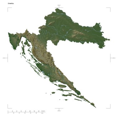 Hırvatistan 'ın göl ve nehirleri, uzaklık ölçeği ve harita sınır koordinatlarıyla beyaz üzerinde izole edilmiş soluk renkli bir yükseklik haritasının şekli