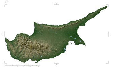 Kıbrıs 'ın gölleri ve nehirleriyle, uzaklık ölçeği ve harita sınır koordinatlarıyla beyaz üzerinde izole edilmiş soluk renkli bir yükseklik haritası şekli