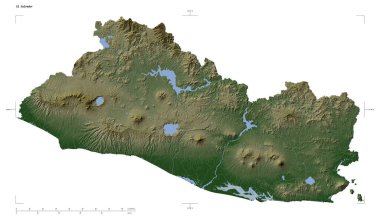 El Salvador 'un göl ve nehirlerinin bulunduğu açık renkli bir yükseklik haritası. Uzaklık ölçeği ve harita sınır koordinatları beyaz üzerinde izole edilmiş.