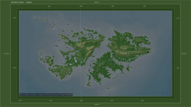 Falkland Adaları, ülkenin başkenti, haritası, uzaklık ölçeği ve sınır koordinatlarıyla gölleri ve nehirleri gösteren açık renkli bir yükseklik haritasına vurgulandı