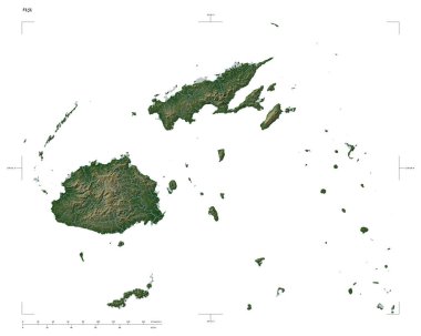 Fiji 'nin göl ve nehirleriyle, uzaklık ölçeği ve harita sınır koordinatlarıyla beyaz üzerinde izole edilmiş soluk renkli bir yükseklik haritası.