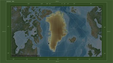 Grönland, ülkenin başkenti, haritası, uzaklık ölçeği ve harita sınır koordinatlarıyla gölleri ve nehirleri gösteren açık renkli bir yükseklik haritasına vurgulandı