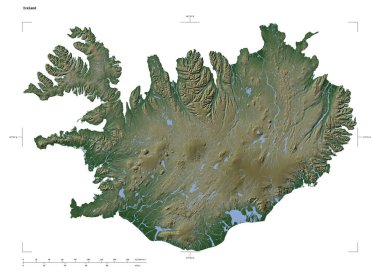 İzlanda 'nın göl ve nehirleri ile donuk renkli yükseklik haritası şekli, uzaklık ölçeği ve harita sınır koordinatları, beyaz üzerinde izole