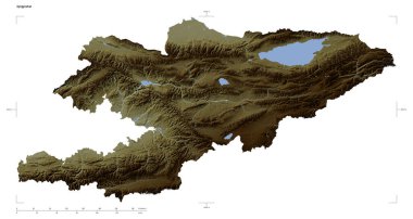 Kırgızistan 'ın göl ve nehirlerinin bulunduğu açık renkli bir yükseklik haritası şekli, uzaklık ölçeği ve harita sınır koordinatları beyaz üzerinde izole edilmiş.