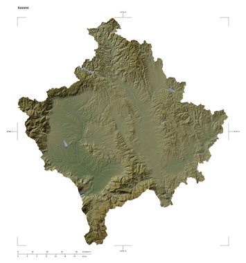 Kosova 'nın gölleri ve nehirleri, uzaklık ölçeği ve harita sınır koordinatlarıyla beyaz üzerinde izole edilmiş soluk renkli bir yükseklik haritasının şekli
