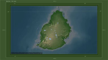 Mauritius, ülkenin başkenti, haritası, uzaklık ölçeği ve sınır koordinatlarıyla gölleri ve nehirleri gösteren açık renkli bir yükseklik haritasına vurgulandı