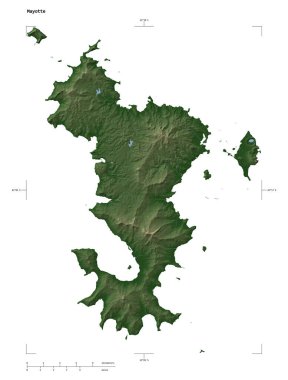 Mayotte gölleri ve nehirleri ile soluk renkli yükseklik haritası şekli, uzaklık ölçeği ve harita sınır koordinatları, beyaz üzerinde izole