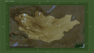 Moğolistan, ülkenin başkenti, haritası, uzaklık ölçeği ve sınır koordinatlarıyla gölleri ve nehirleri gösteren açık renkli bir yükseklik haritasına vurgulandı