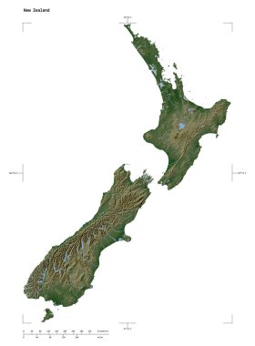 Yeni Zelanda 'nın göl ve nehirleri, uzaklık ölçeği ve harita sınır koordinatlarıyla beyaz üzerinde izole edilmiş soluk renkli bir yükseklik haritası şekli