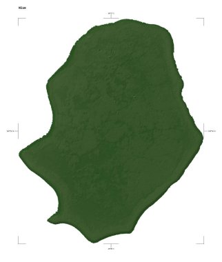 Göller ve Niue nehirleri ile donuk renkli yükseklik haritası şekli, uzaklık ölçeği ve harita sınır koordinatları, beyaz üzerinde izole